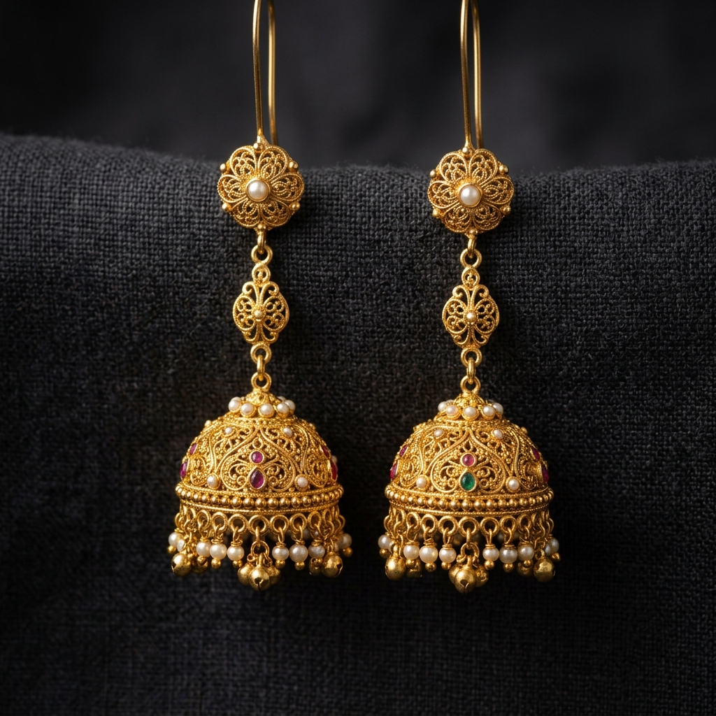 Hanging gold Jhumkas